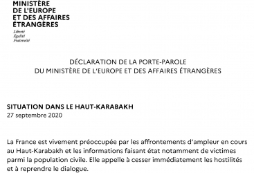   وزارة الخارجية الفرنسية تدلي ببيان حول تطورات قراباغ الجبلي المحتل  