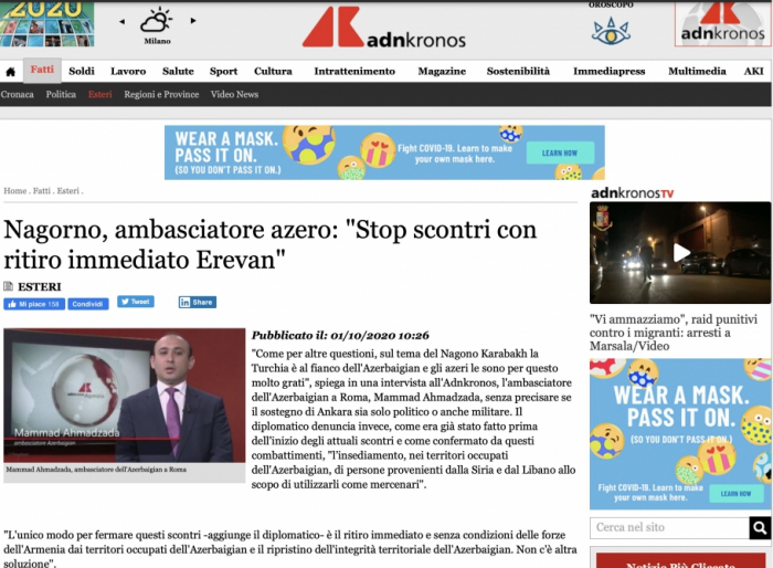 Azerbaijani Ambassador to Italy gives interview to local media on Armenia