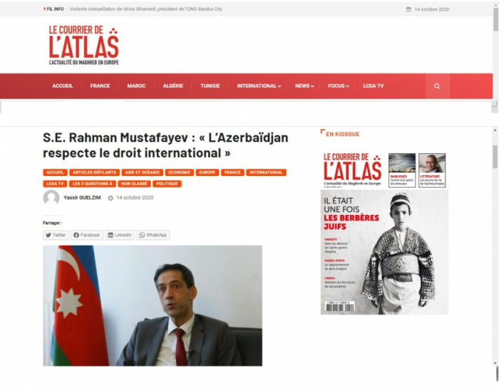 “Ermənistan humanitar atəşkəsə riayət etmədi” -   “Le Courrier de l’Atlas”   