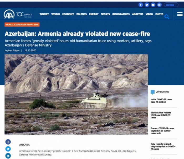   Agencia Anadolu:   "Las fuerzas armenias ya han violado el nuevo acuerdo de tregua"