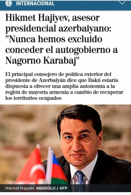  El MUNDO  : Hikmet Hajiyev: "Nunca hemos excluido conceder el autogobierno a Nagorno Karabaj"