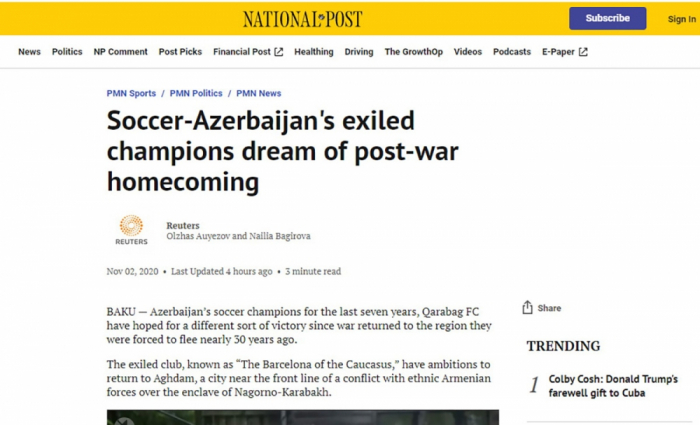    “National Post”:    “Qarabağ” klubu Ağdama qayıtmaq arzusundadır