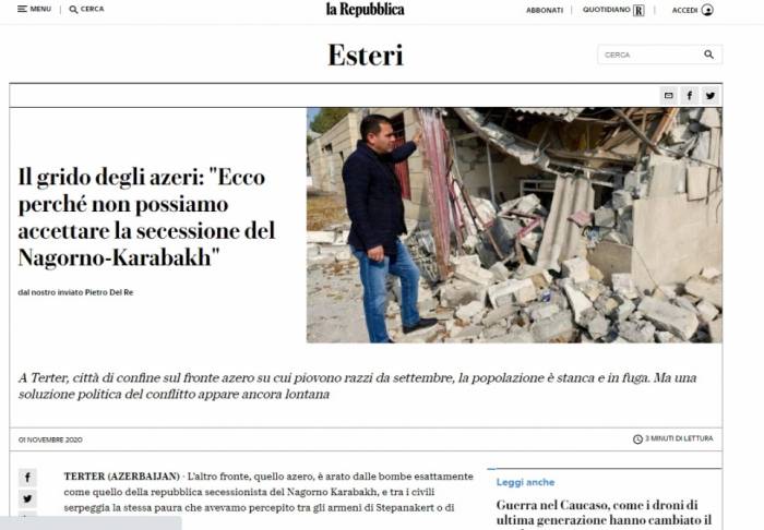   Italienische Zeitung La Republica veröffentlichte einen Artikel über den Berg-Karabach-Konflikt  