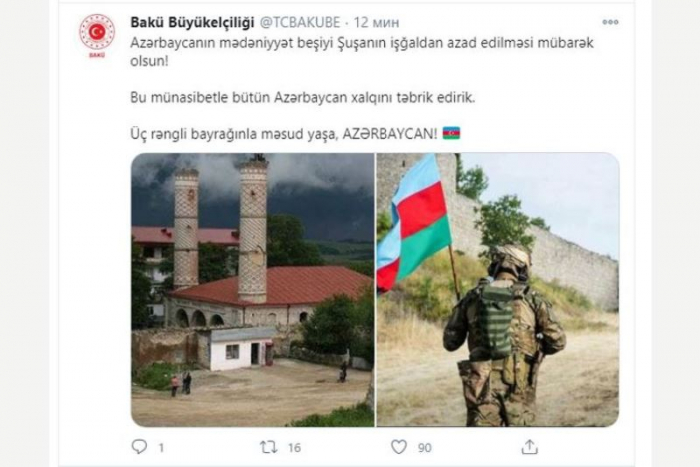   “Üç rəngli bayrağınla məsud yaşa, Azərbaycan!” -  Türkiyə səfirliyi  