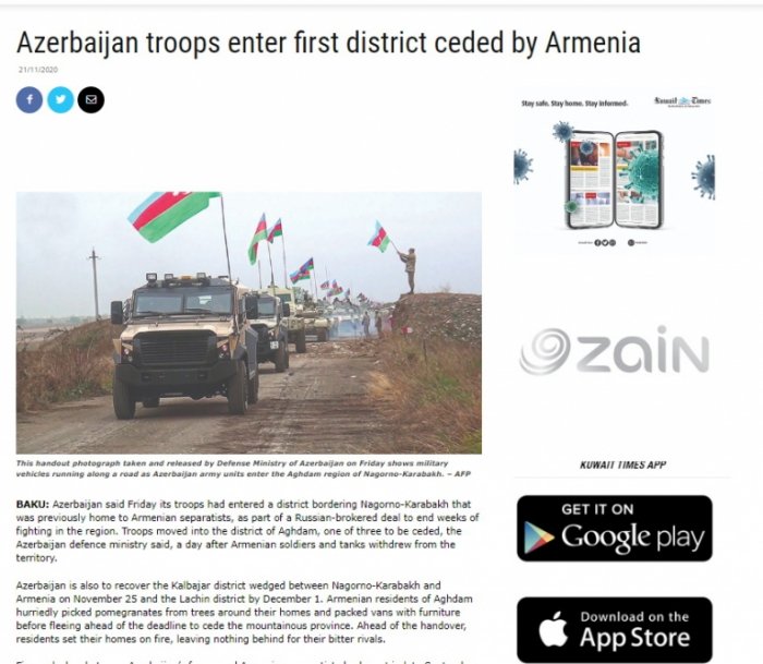   Azerbaijan troops enter first district ceded by Armenia -   Kuwait Times    