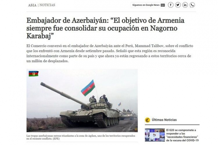 El periódico más leído de Perú escribe sobre la agresión armenia