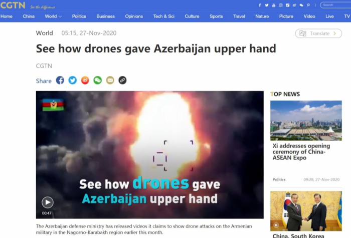 CGTN hails Azerbaijan’s drone strikes during Karabakh war