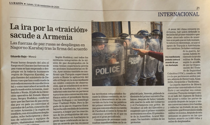   Diario español La Razón: “La ira por la “traición” sacude a Armenia” 