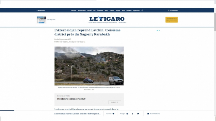 Le Figaro escribe sobre el regreso de Lachin a Azerbaiyán