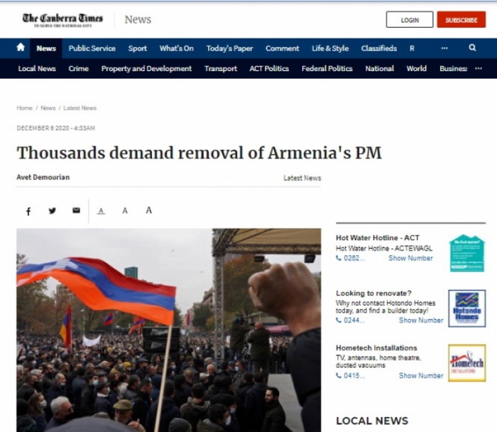     The Canberra Times:   Tausende fordern den Rücktritt des armenischen Premierministers  