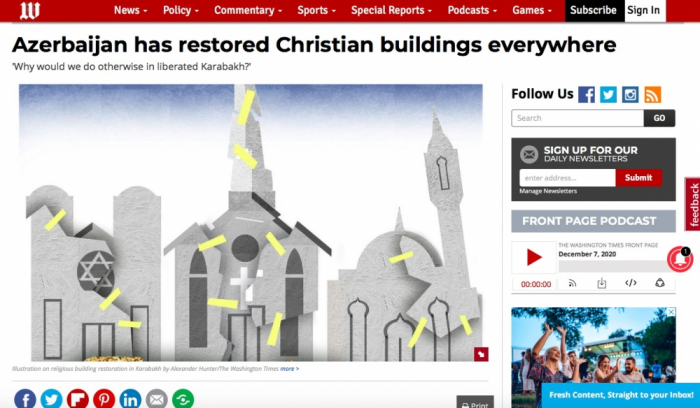     واشنطن تايمز:   تم ترميم جميع المعابد المسيحية في أذربيجان  