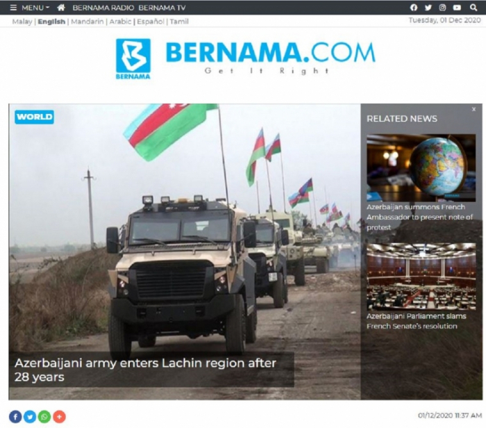 BERNAMA: Azerbaijani army enters Lachin region after 28 years