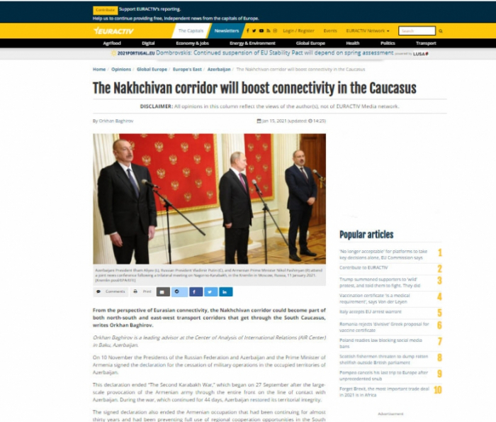    Euractiv:   “El corredor de Najicheván impulsará la conectividad en el Cáucaso”  