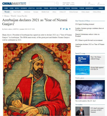     China Daily:   "Azerbaiyán declara el año 2021 como "Año de Nizamí Gandjaví""  