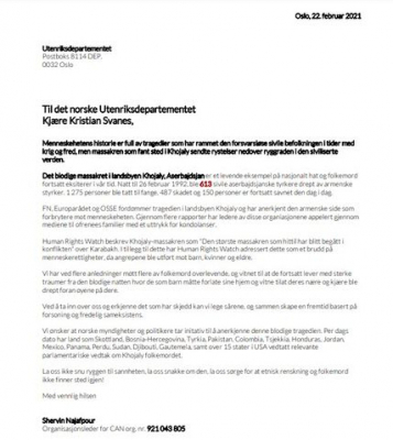  Appeal sent to Norwegian government regarding the Khojaly genocide   