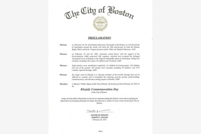  Le 26 février proclamé «Journée de commémoration du génocide de Khodjaly» à Boston 