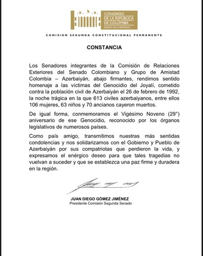    Kolumbiya Senatı Xocalı soyqırımı ilə əlaqədar bəyanat qəbul edib  
   