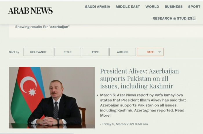   Azerbaijan supports Pakistan in all issues, including Kashmir -   Arabnews    