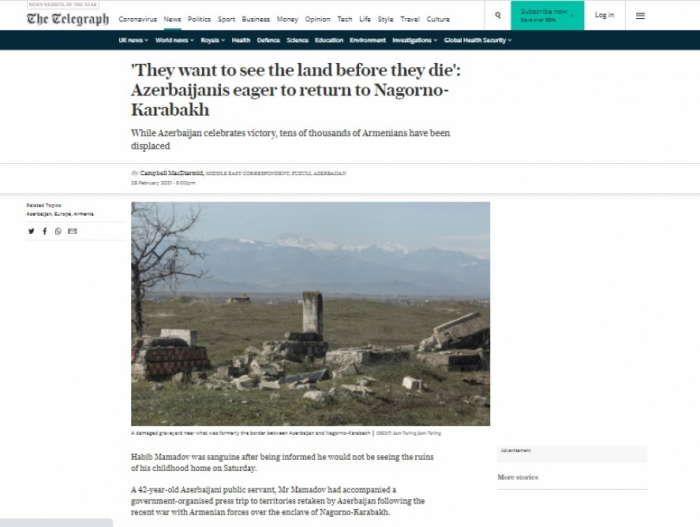     “The Telegraph”:    Azərbaycanlılar Qarabağa qayıtmağı səbirsizliklə gözləyir 