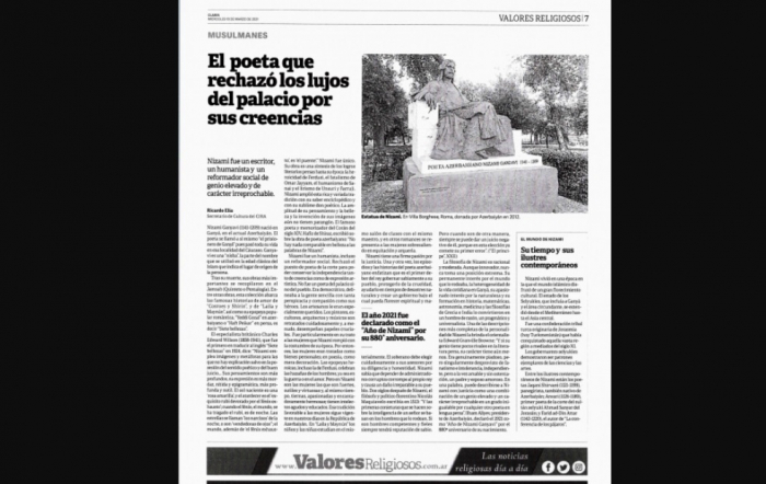   El diario argentino publica de Nizami Ganjavi:   "El poeta que rechazó los lujos del palacio por sus creencias"