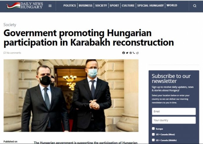       Macarıstan XİN başçısı:    Azərbaycanın ərazi bütövlüyünü dəstəkləyirik   