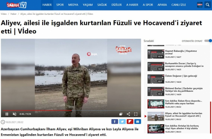  Visite du président au Karabagh dans les médias turcs 