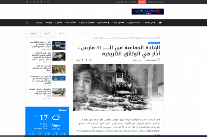   Algerisches Portal beleuchtet historische Fakten zum 31. März - Tag des Genozids an Aserbaidschanern  
