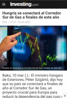   Investing.com  : "Hungría se conectará al Corredor Sur de Gas a finales de este año"