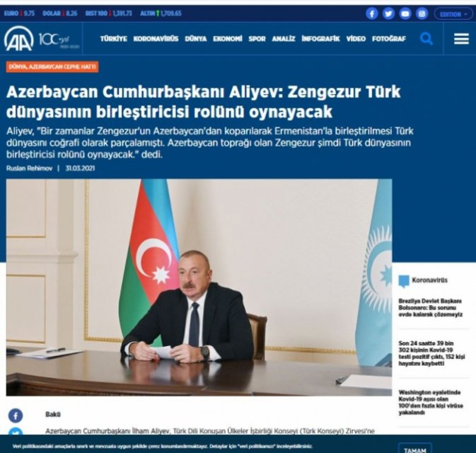    İlham Əliyevin Zirvə görüşündəki çıxışı Türkiyə mediasında  
   