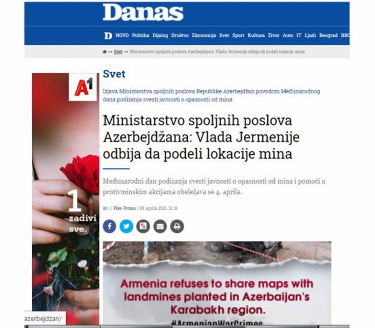    Serbiya nəşri:    Ermənistan mina xəritələrini verməkdən imtina edir