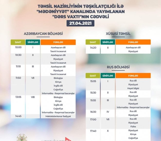 Teledərslərin aprelin 27-nə olan cədvəli  
