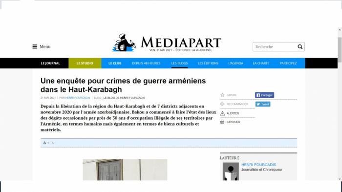   Mediapart:   «Une enquête pour crimes de guerre arméniens dans le Haut-Karabagh» 