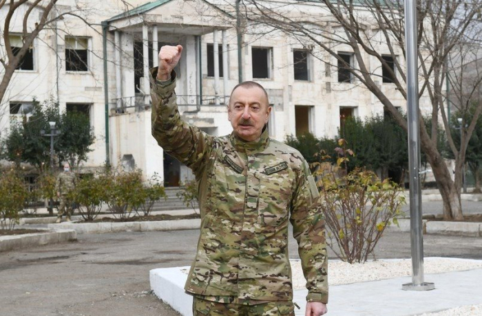  Präsident Ilham Aliyev nimmt an der Zeremonie teil, um den Grundstein für die Wiederherstellung der Stadt Aghdam zu legen 