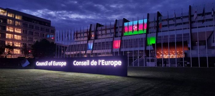   Council of Europe building illuminated in colors of Azerbaijani flag  