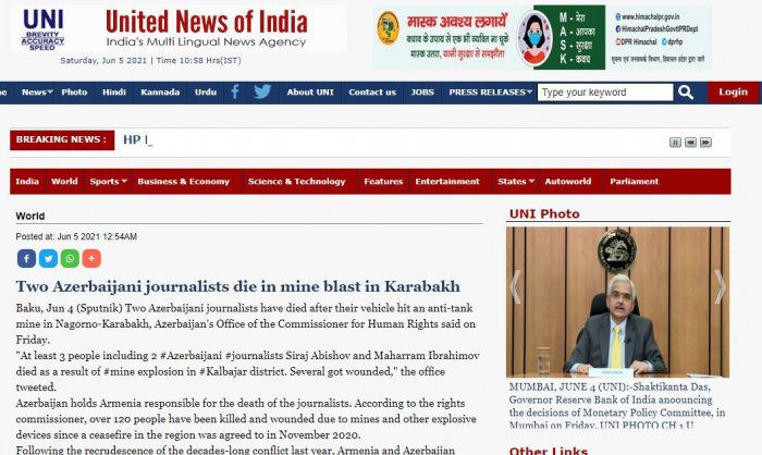 La tragedia de la mina en Kalbajar en los medios indios 