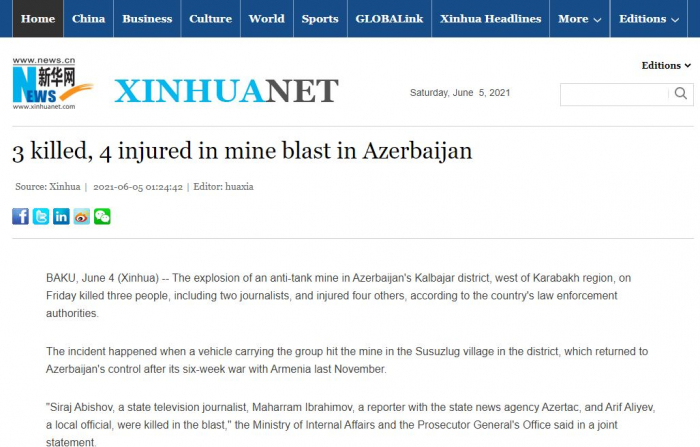 Xinhua informa sobre los periodistas martirizados en Kalbajar