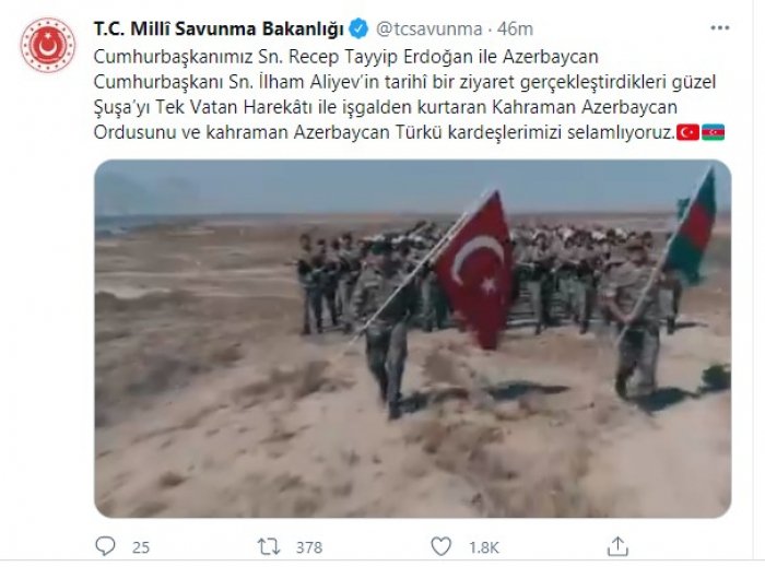 Türkiyə Müdafiə Nazirliyindən Şuşa paylaşımı 