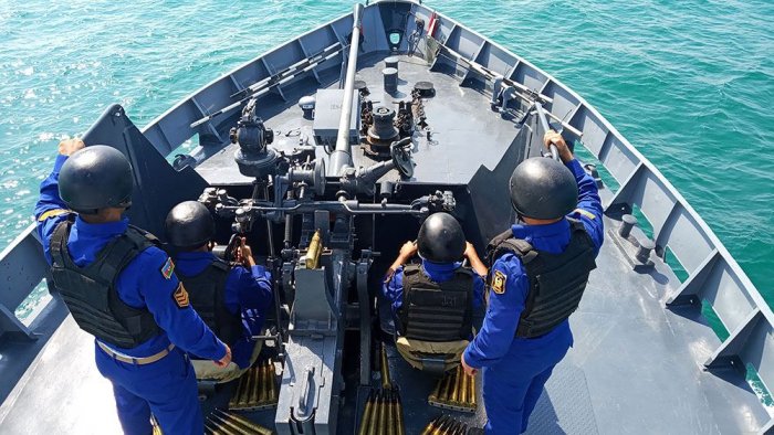Sea Cup competition participants perform artillery shooting at aerial target