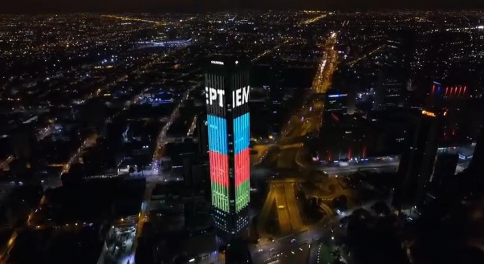 Azerbaijani flag illuminated on Colpatria Tower of Colombia on occasion of Remembrance Day