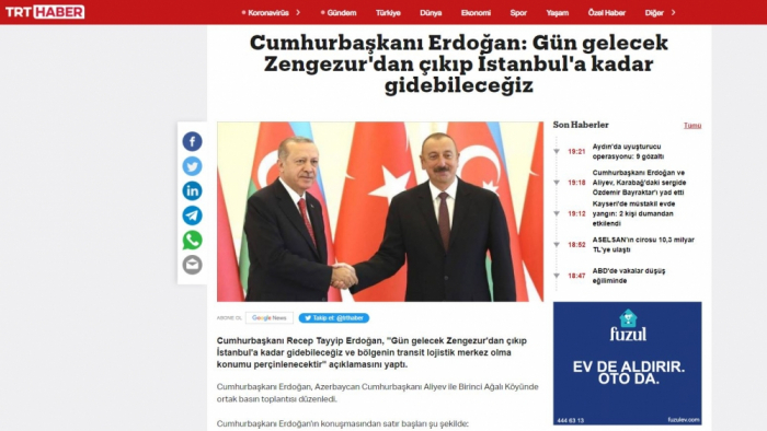    Prezidentlərin Zəngilan çıxışı Türkiyə telekanallarında canlı yayımlanıb   