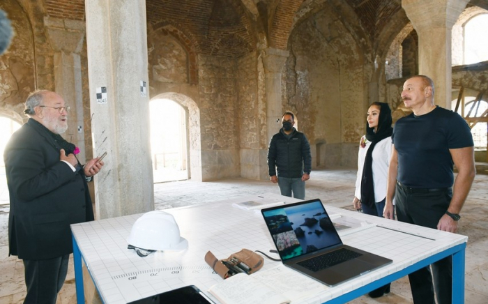   Azerbaijani president and first lady view restoration works in Ashaghi Govhar Agha Mosque in Shusha  