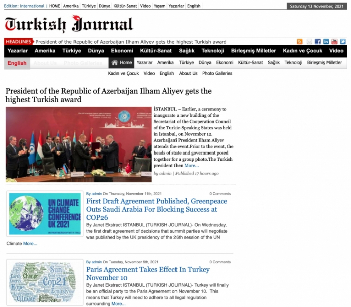 US media highlight ceremony of awarding Azerbaijani President with Supreme Order of Turkic World 