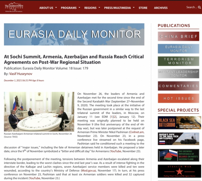   Eurasia Daily Monitor publishes article about meeting of Azerbaijani, Russian and Armenian leaders  