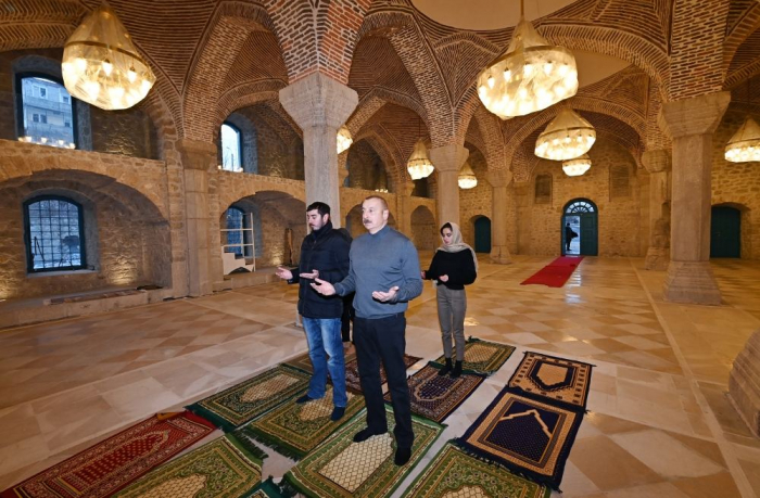  President Ilham Aliyev, First Lady and their family members pray in Yukhari Govharagha mosque in Shusha  