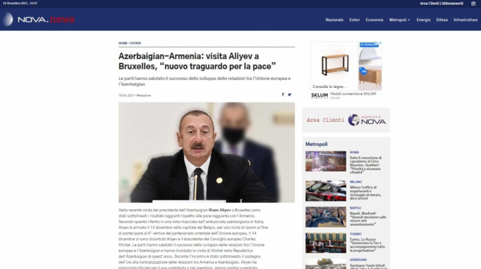 La visita de trabajo del presidente Ilham Aliyev a Bruselas en el punto de mira de los medios de comunicación italianos