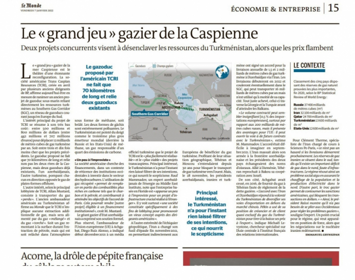 Le Monde newspaper highlights Trans-Caspian gas pipeline project