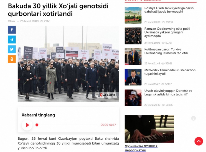 Khojaly genocide highlighted by Uzbek news portal 