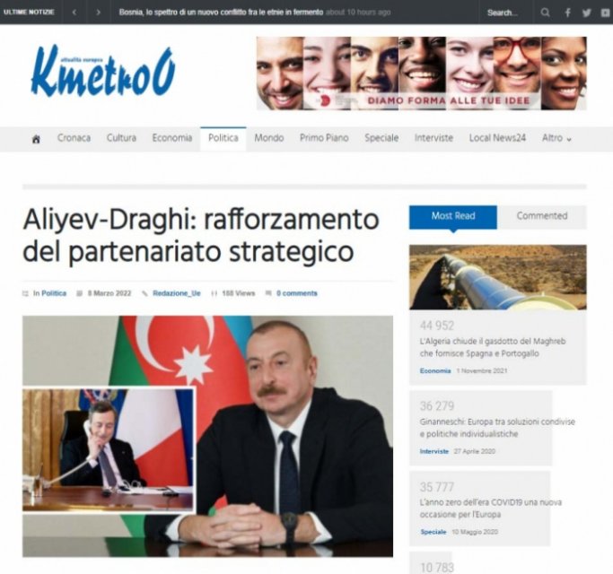   La prensa italiana escribe sobre la llamada de Mario Draghi a Ilham Aliyev  