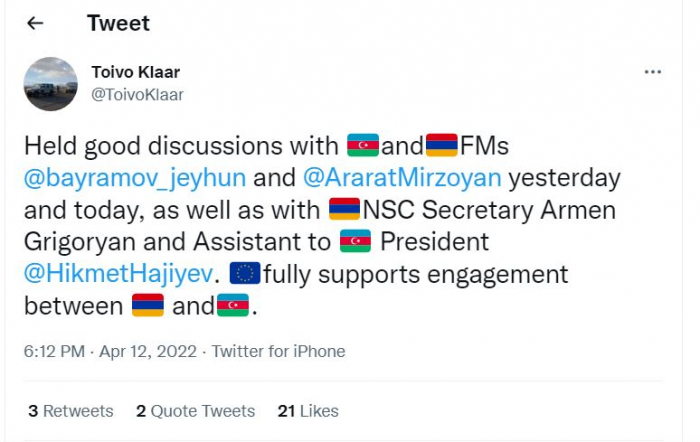    Toivo Klaar Hikmət Hacıyev və Armen Qriqoryanla danışıb  
   