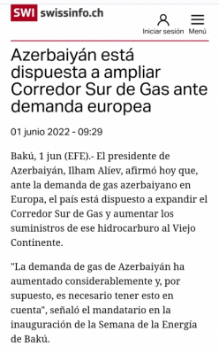Prensa en español: Azerbaiyán está dispuesto a aumentar el Corredor Sur de Gas ante demanda europea